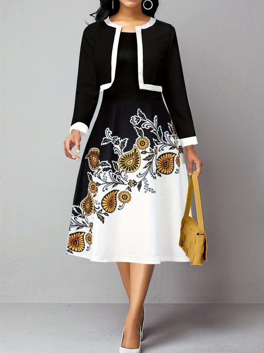 Contrast Trim Crop Jacket & Floral Print Dress Set Women's Outfits