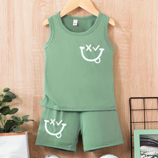 Boy's 2pcs Tank Top & Shorts Set, Happy Face Print, Casual Outfit