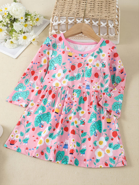 Girls Casual Cartoon Print Cotton Long Sleeve Dress