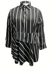  Stripe Print Long Sleeve Button Up Peplum Shirt Top