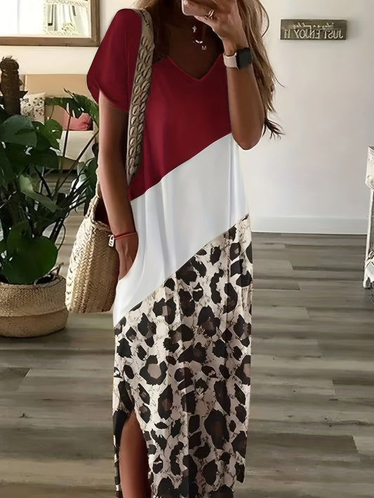  Colorblock Leopard Print Short Sleeve V Neck Tee Dress
