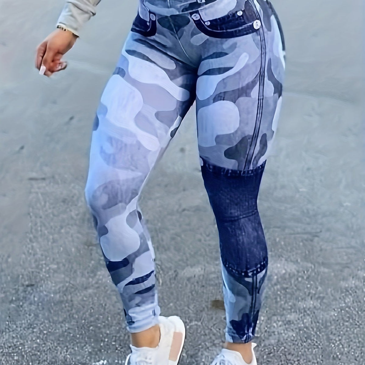 Colorblock Denim & Camo Print High Rise Leggings