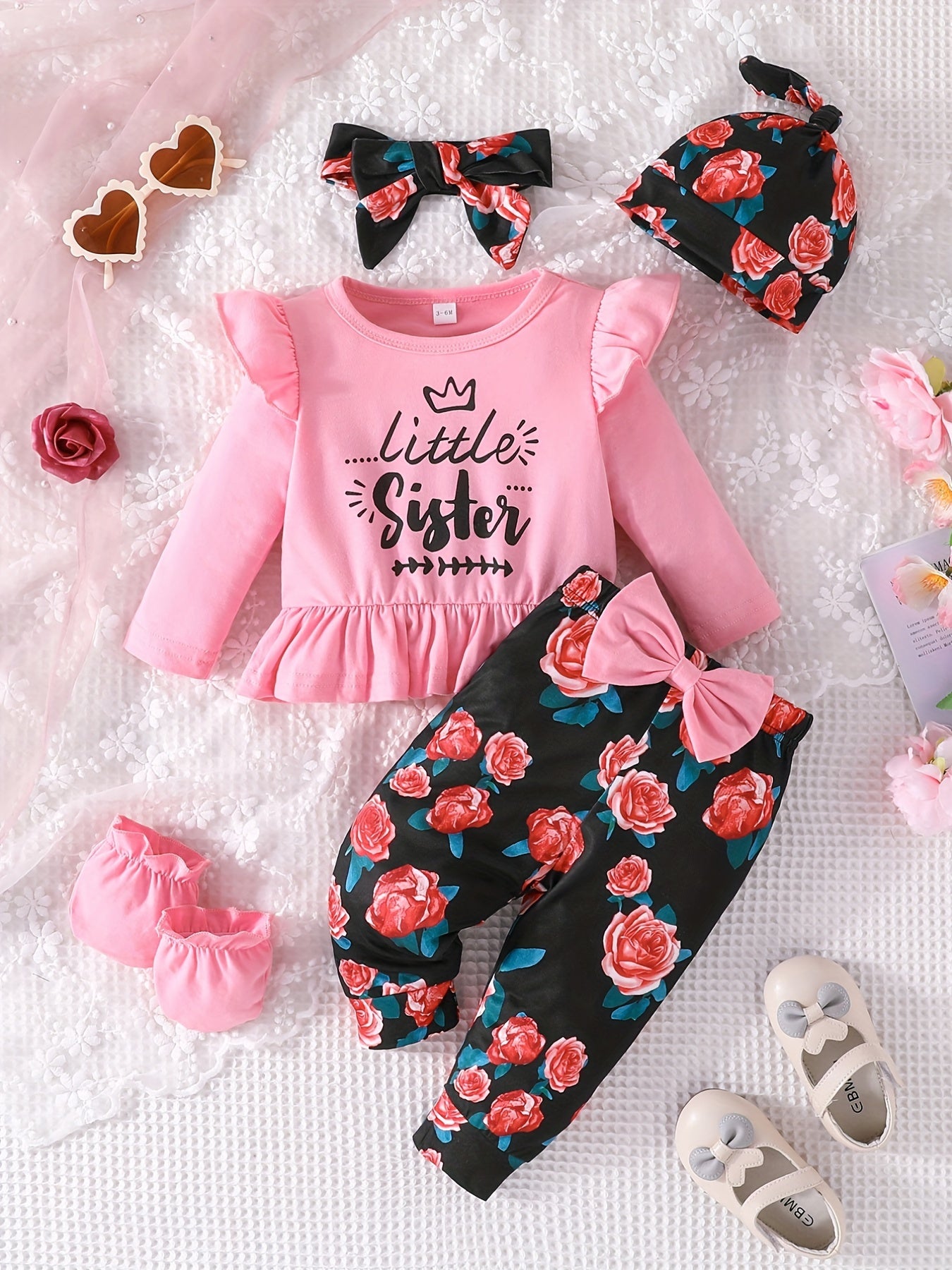 Baby Girls Letters Long Sleeve Top and Floral Pants Set