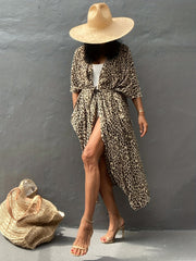  Boho Kimono Leopard Print Batwing Sleeve Cover Up