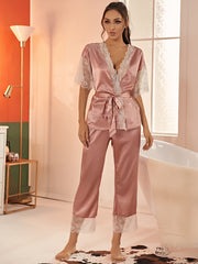 Lace Satin Pajama Set Short Sleeve Robe Women's Sleepwear