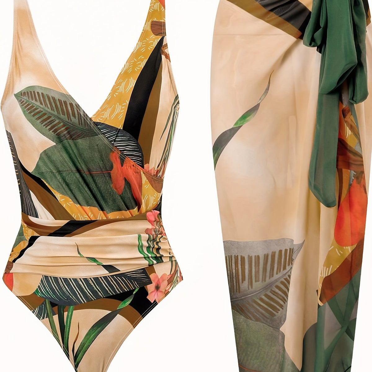 Tropical Print Two Pieces Swimsuit High Cut With Cover Up Wrap Swimsuit