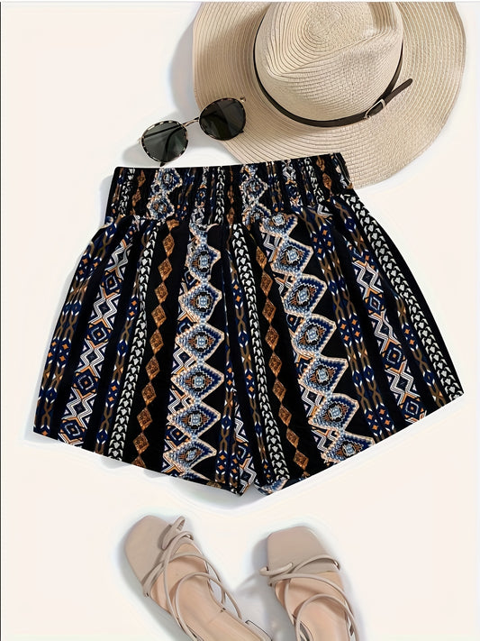  Boho Shorts Women's Plus Tribal Print Elastic Waist Wide Leg Vacay Sho