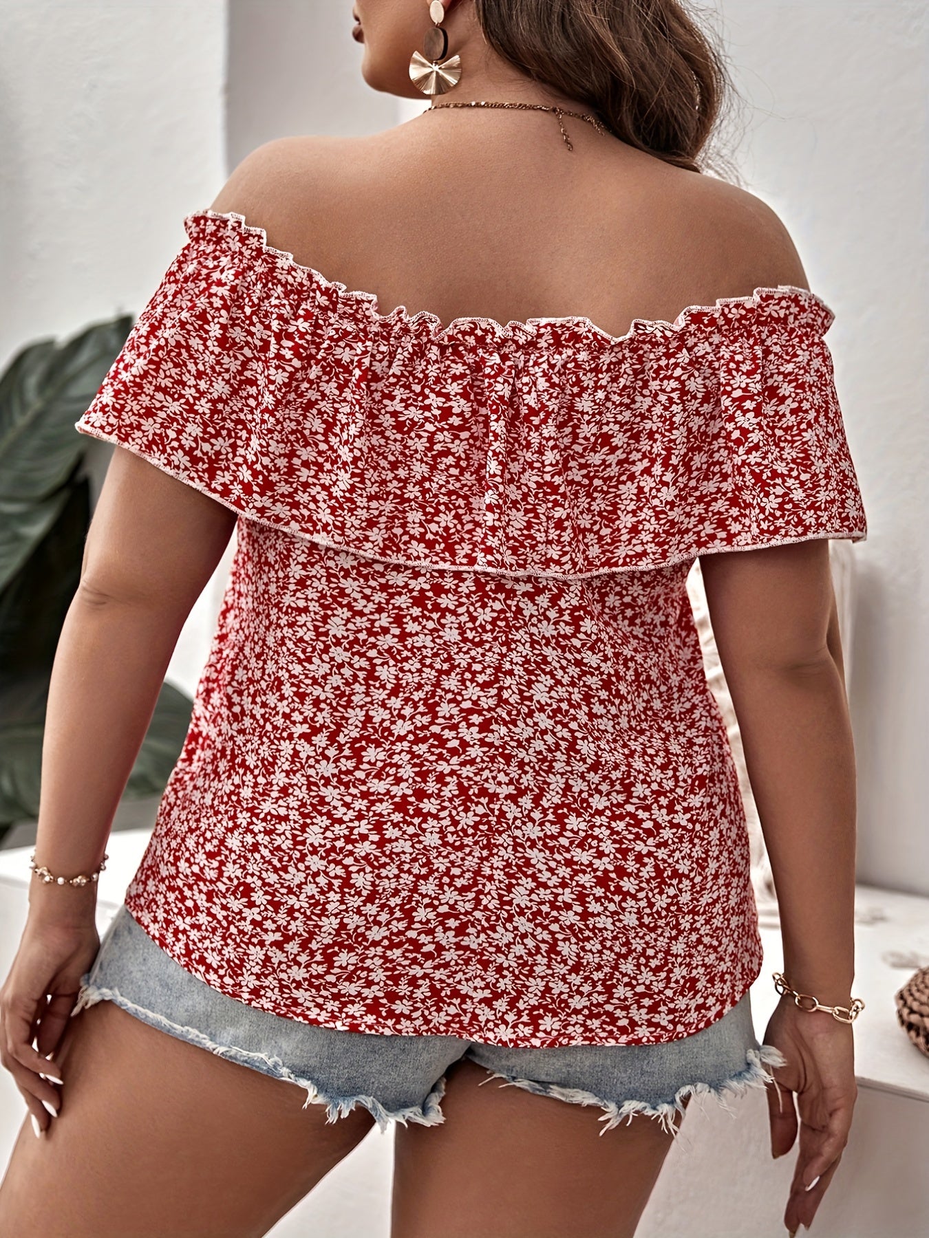  Off Shoulder Floral Print Ruffle Trim Cap Sleeve Top