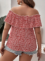  Off Shoulder Floral Print Ruffle Trim Cap Sleeve Top