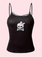 Skull Pattern Cami Top Halloween Lace Crew Neck Lingerie