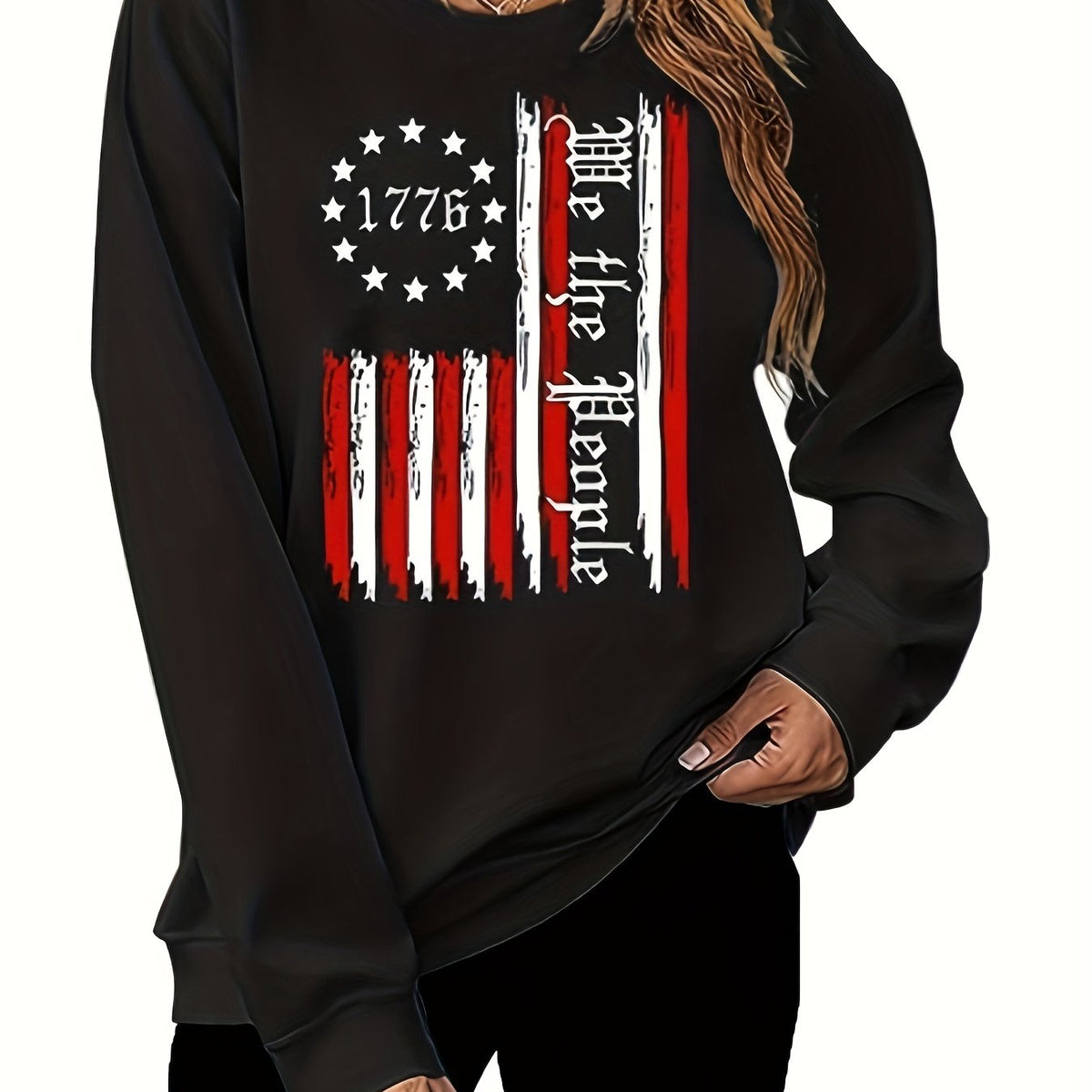  Flag Print Long Sleeve Round Neck Pullover Top