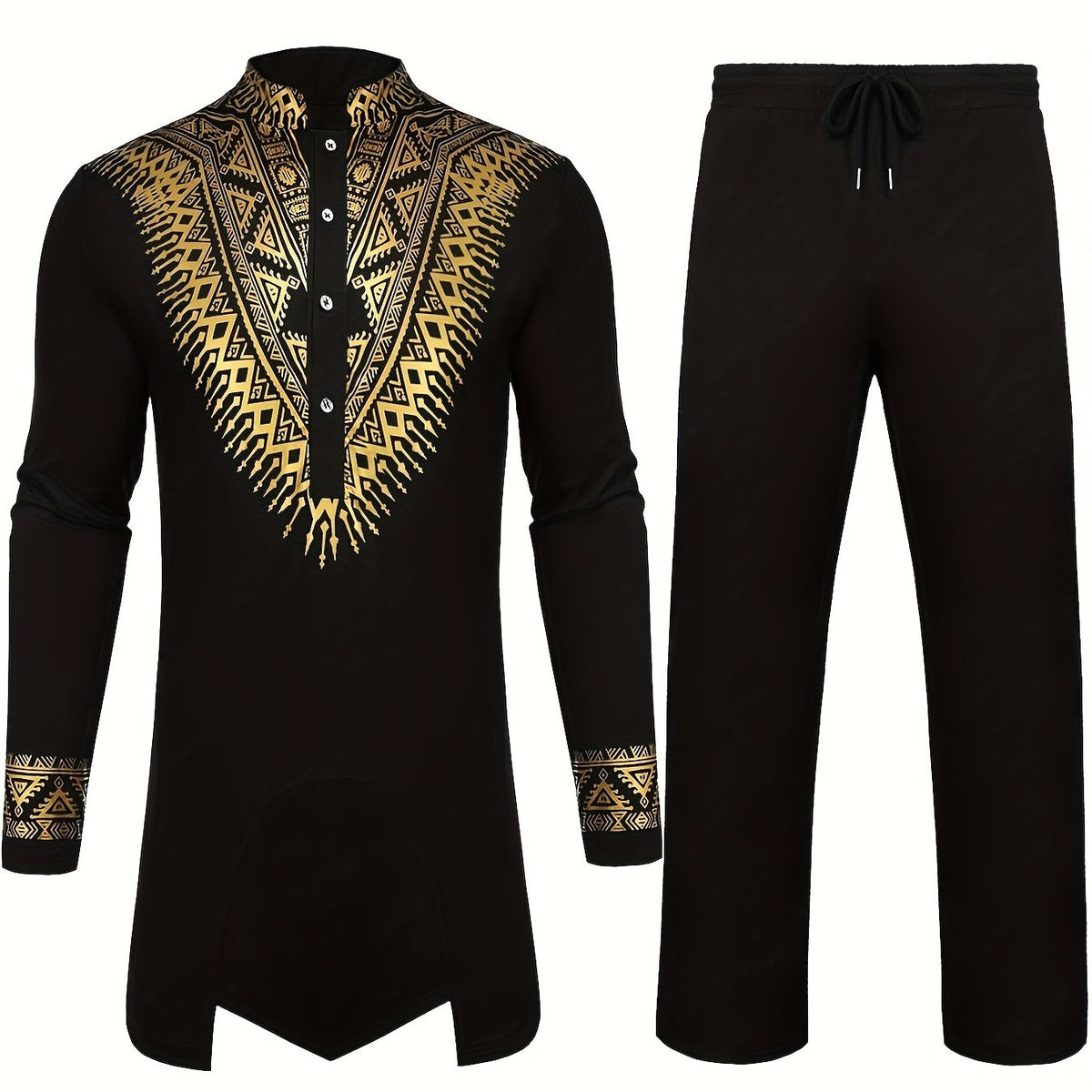 African 2 Piece Set Metallic Golden Pattern Print Cotton Dashiki Shirt And Pants