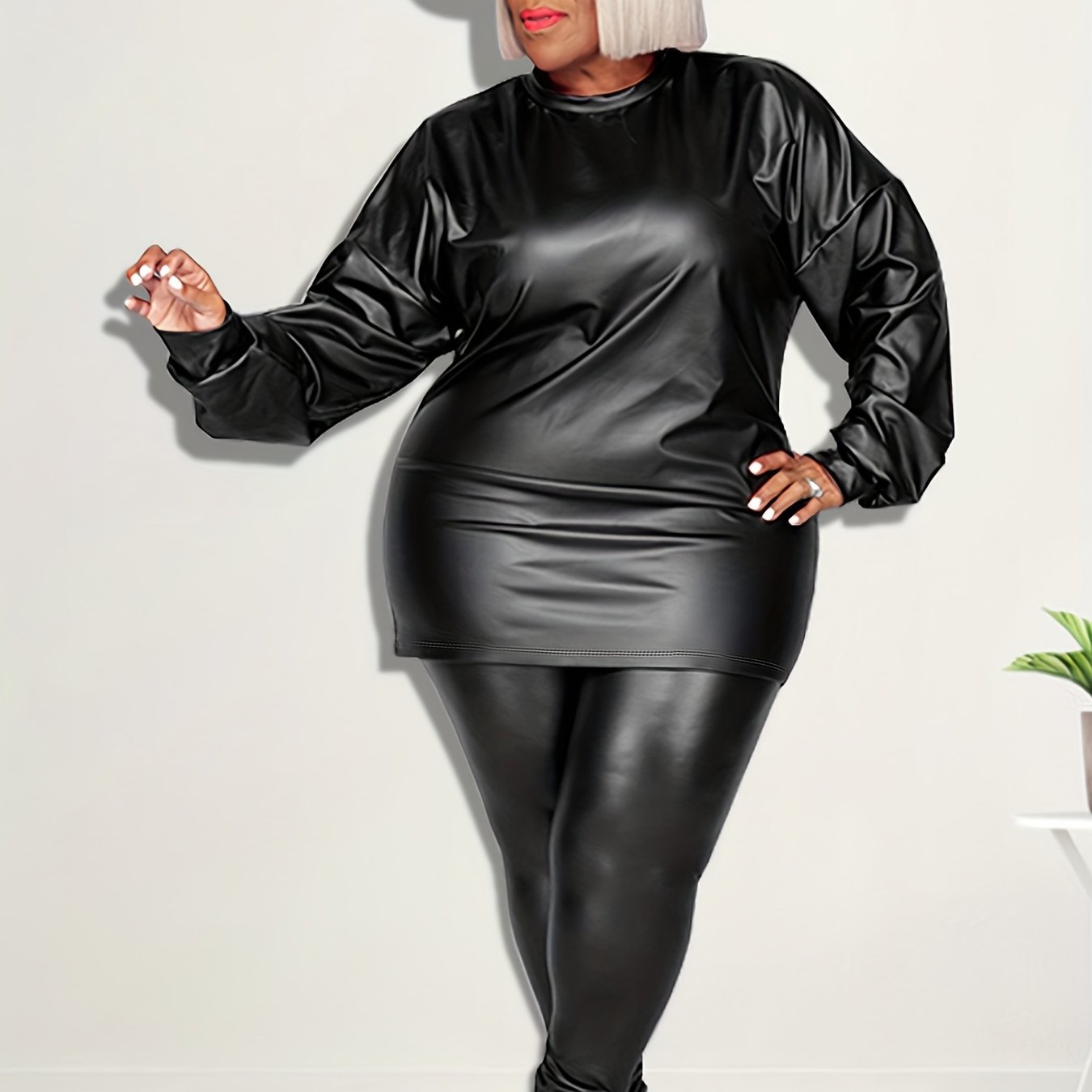 Women's Plus Faux Leather Long Sleeve Top & Pants Set