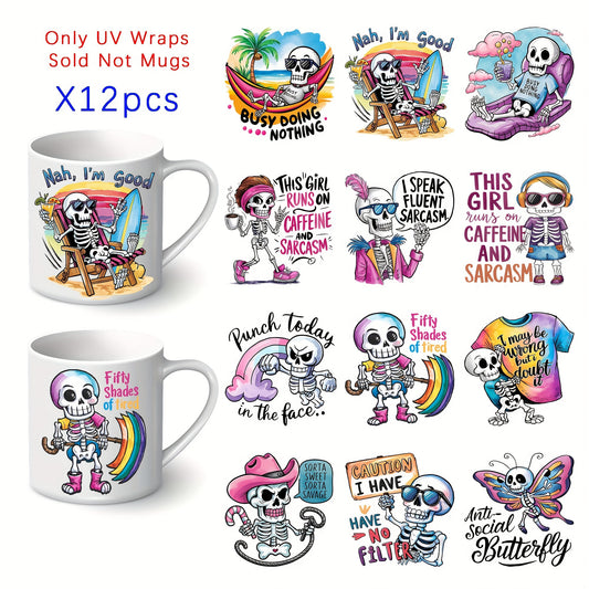 12pcs Fun Skull UV Transfer Decals Waterproof Stickers for Mugs Laptops