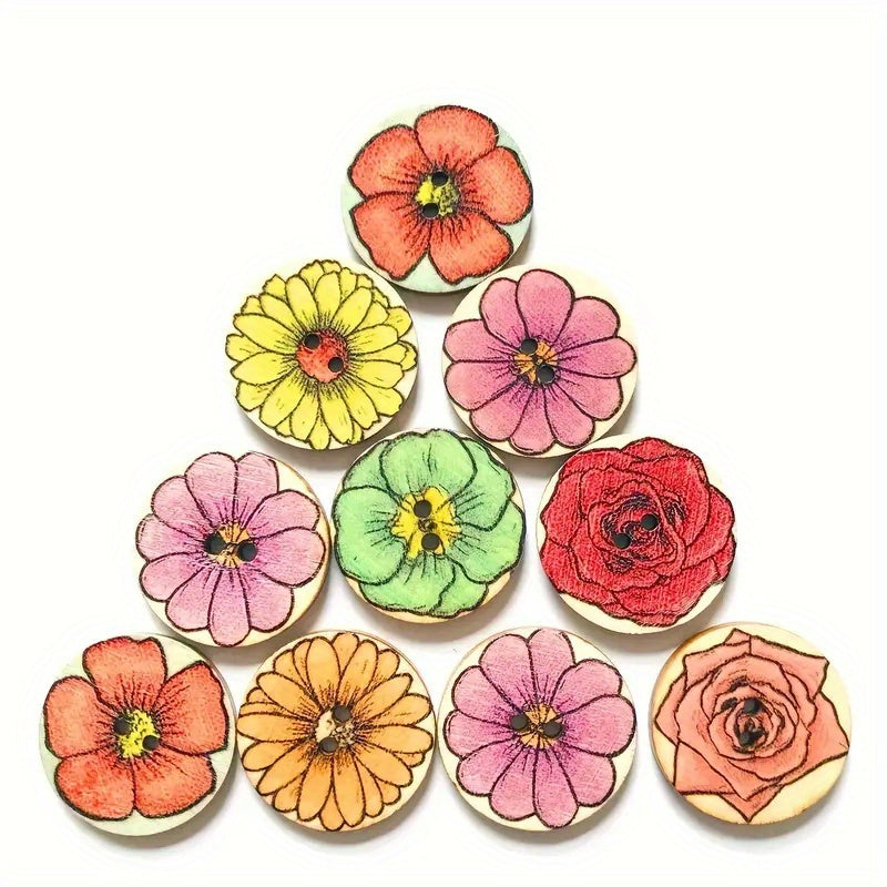 50pcs Retro Flower Discs Wooden Craft Buttons Assorted Colors DIY Projects