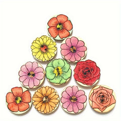 50pcs Retro Flower Discs Wooden Craft Buttons Assorted Colors DIY Projects