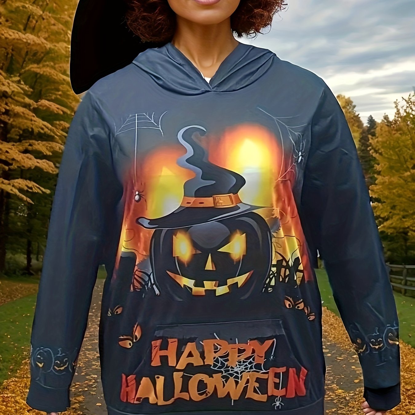  Halloween Sports Top Women's Plus Pumpkin & Spiderweb Print