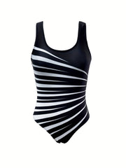 Block Geometric Print Swimsuit Backless Scoop Neck Bathing Suits