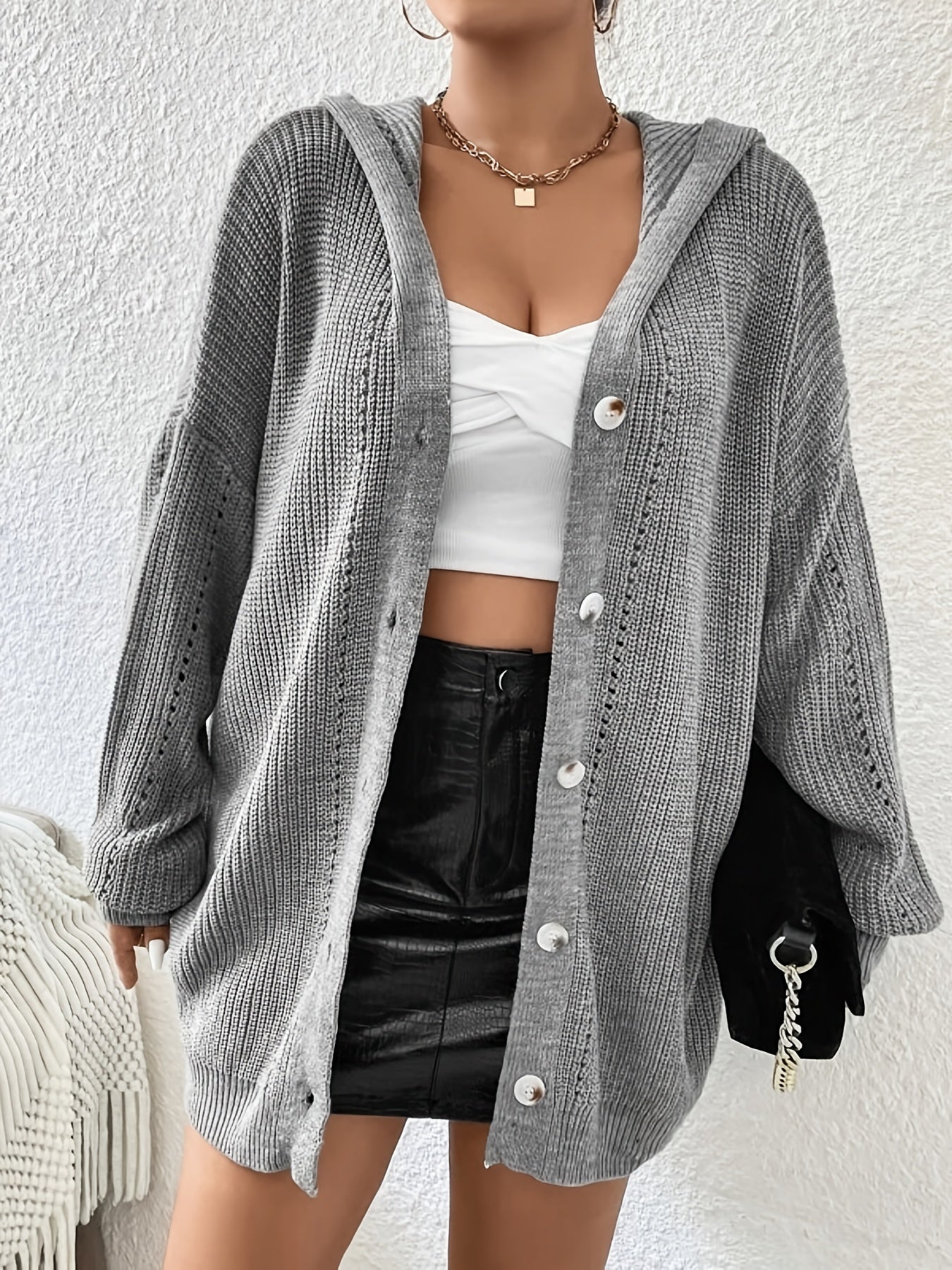  Solid Hollow Out Hoodie Cardigan