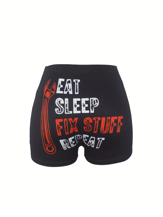 Letter & Wrench Print Skinny Shorts Casual Shorts For Spring & Summer