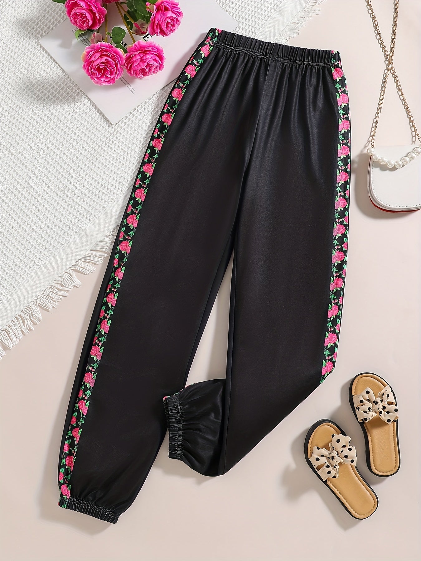 Girls' High Waist Floral Print Sweatpants