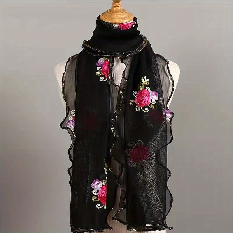 Ruffles Rose Embroidered Scarf Double Layer Gauze Head Wrap