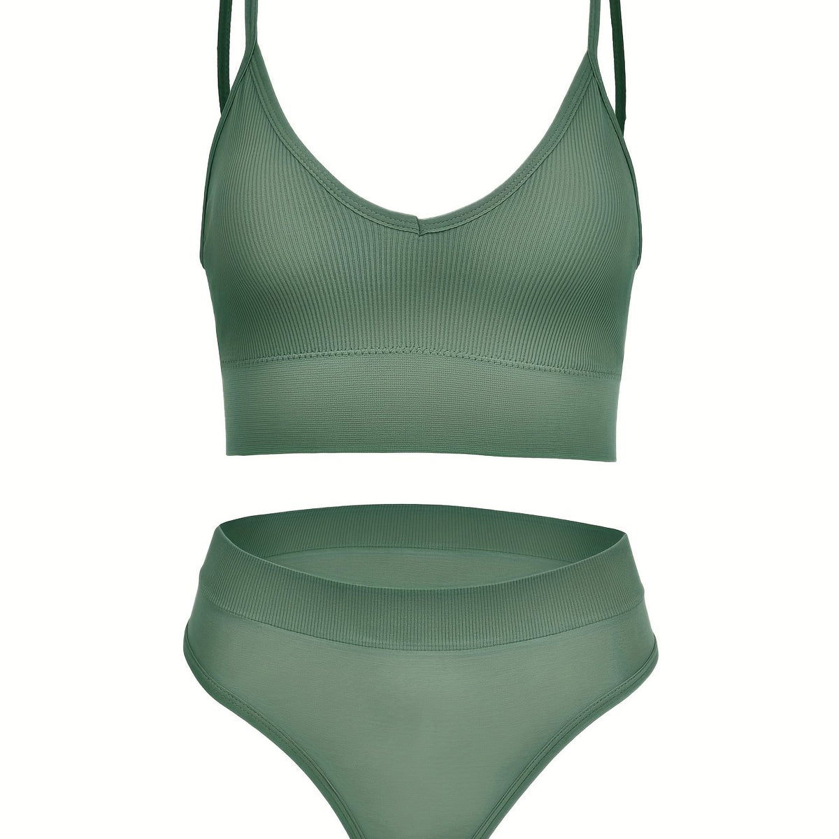 Solid Ribbed Bra & Panties Set Women's Underwear