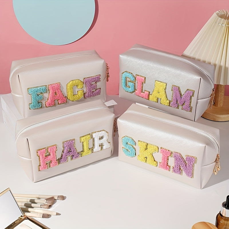 Preppy Makeup Bag Travel Toiletry Bag Letter Patch PU Leather Waterproof