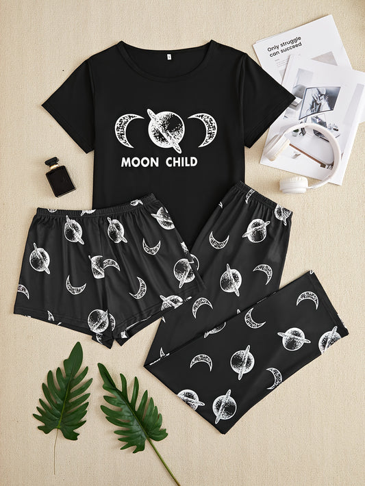 Moon Print Pajama Set Short Sleeve Crew Neck Top & Shorts Women's Sleepwear