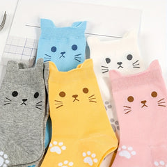 5 Pairs Cartoon Cat Print Socks Comfy Women's Stockings