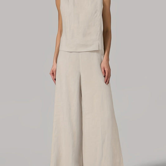 Solid Two-Piece Set Crew Neck Tank Top & Wide Leg Pants