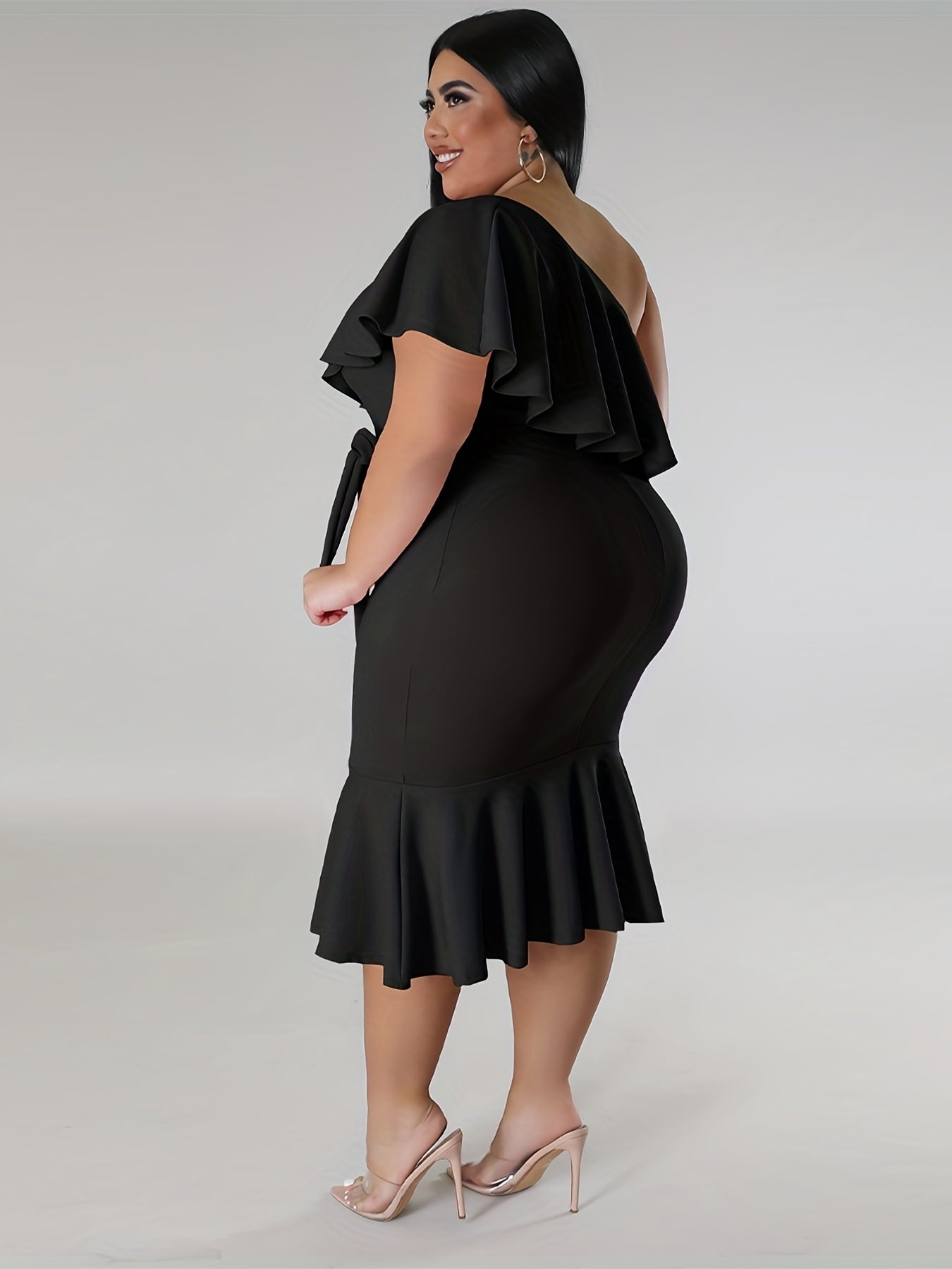 Plus Size One Shoulder Ruffle Mermaid Dress with Belt