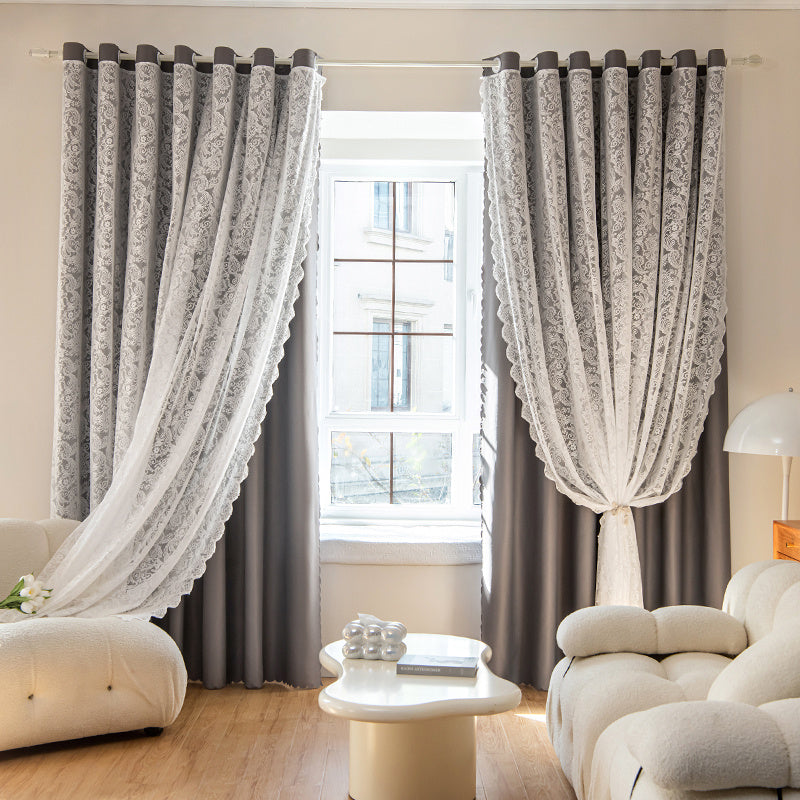 Gray Blackout Window Curtain With Tulle Overlay For Room Decor