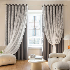 Gray Blackout Window Curtain With Tulle Overlay For Room Decor