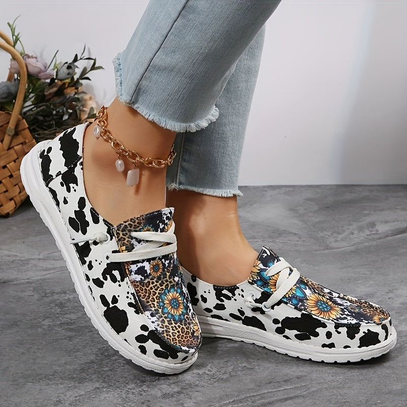 Women's Cow & Sunflower Print Canvas Loafers Lightweight Sneakers