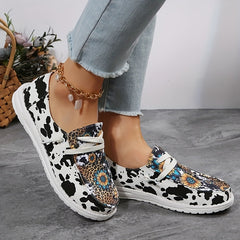 Women's Cow & Sunflower Print Canvas Loafers Lightweight Sneakers