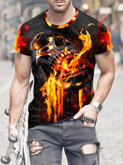 Burning Skull 3d Pattern Print Men's Short Sleeve T-shirt Graphic Tee
