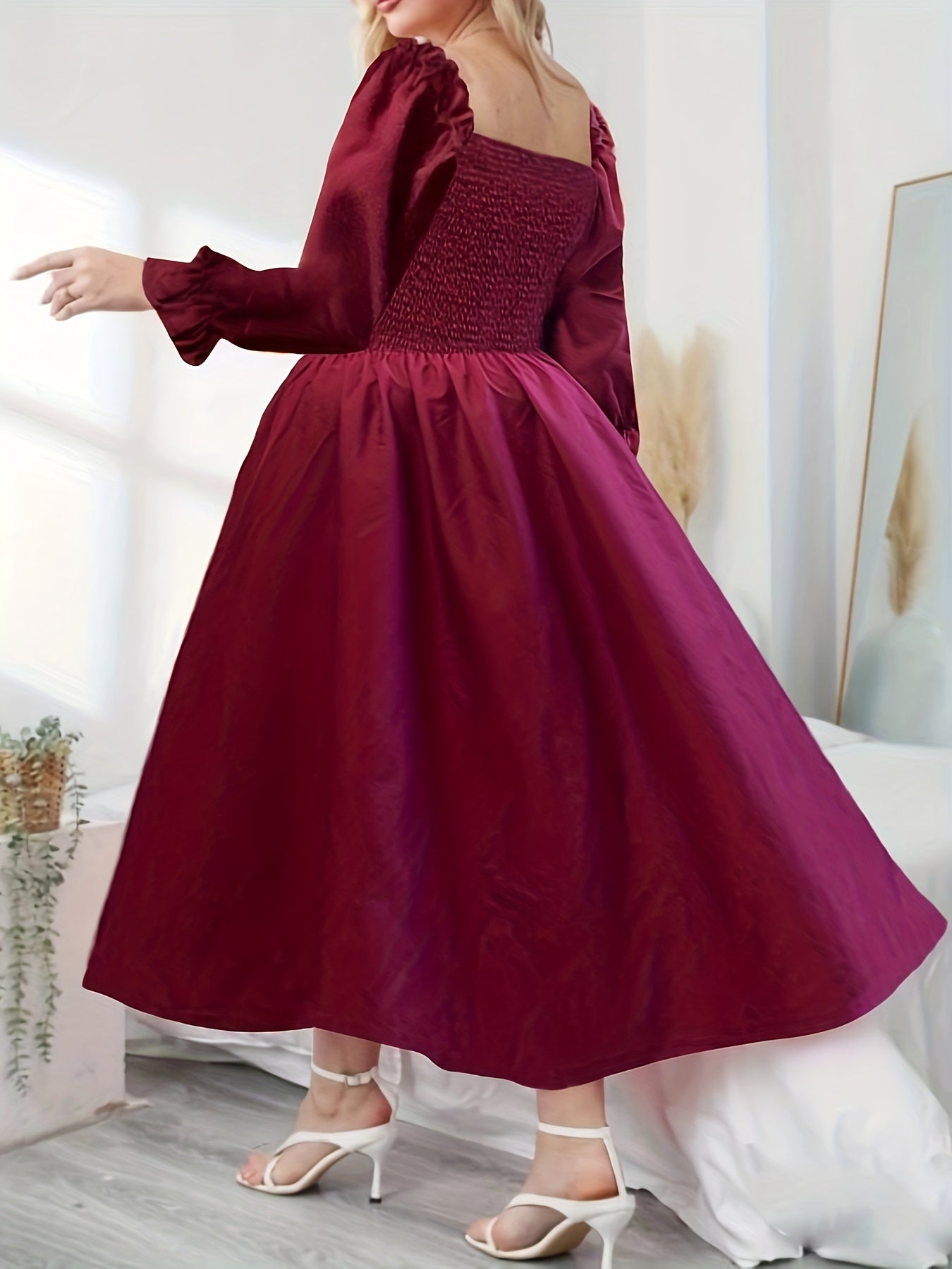  Solid Lantern Sleeve Maxi Dress