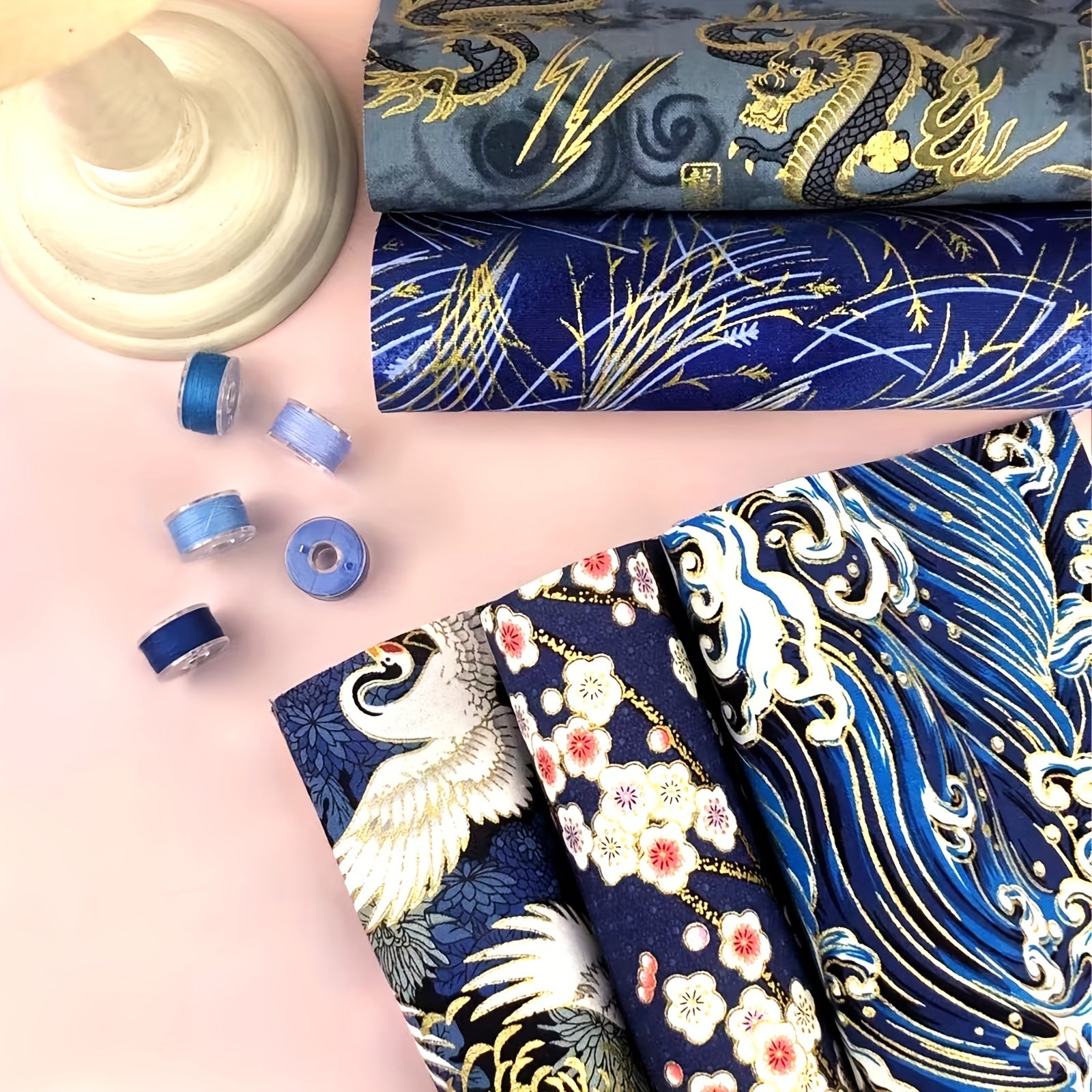 5pc Washi Bronzing Cotton Fabric Bundle, 5 Thread Bobbins, PreCut Fat Squares