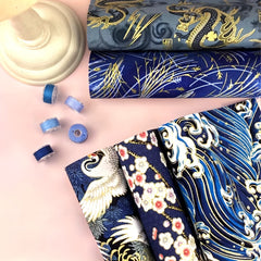 5pc Washi Bronzing Cotton Fabric Bundle, 5 Thread Bobbins, PreCut Fat Squares