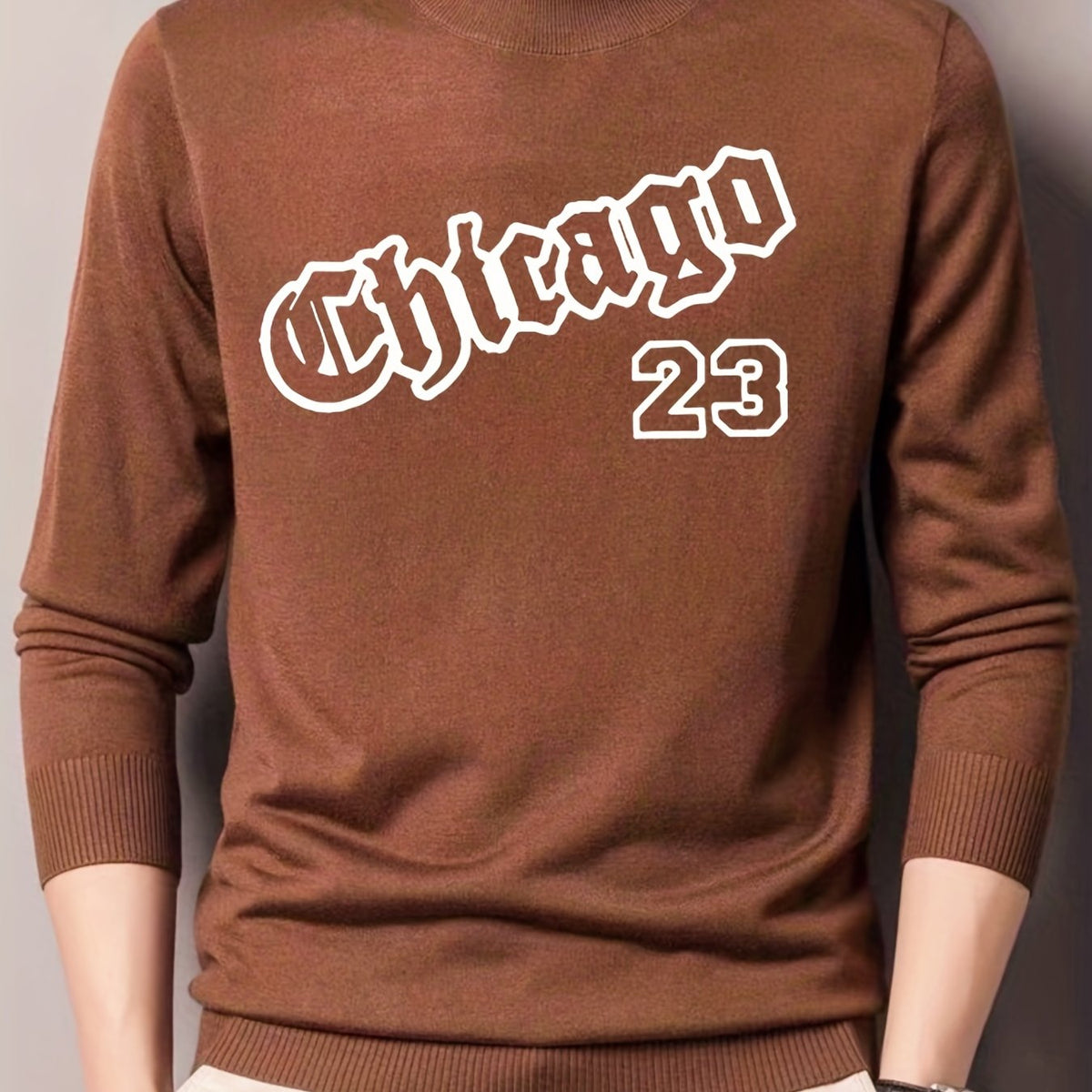 CHICAGO Print Knitted Sweater Men's Casual Warm Crew Neck Pullover