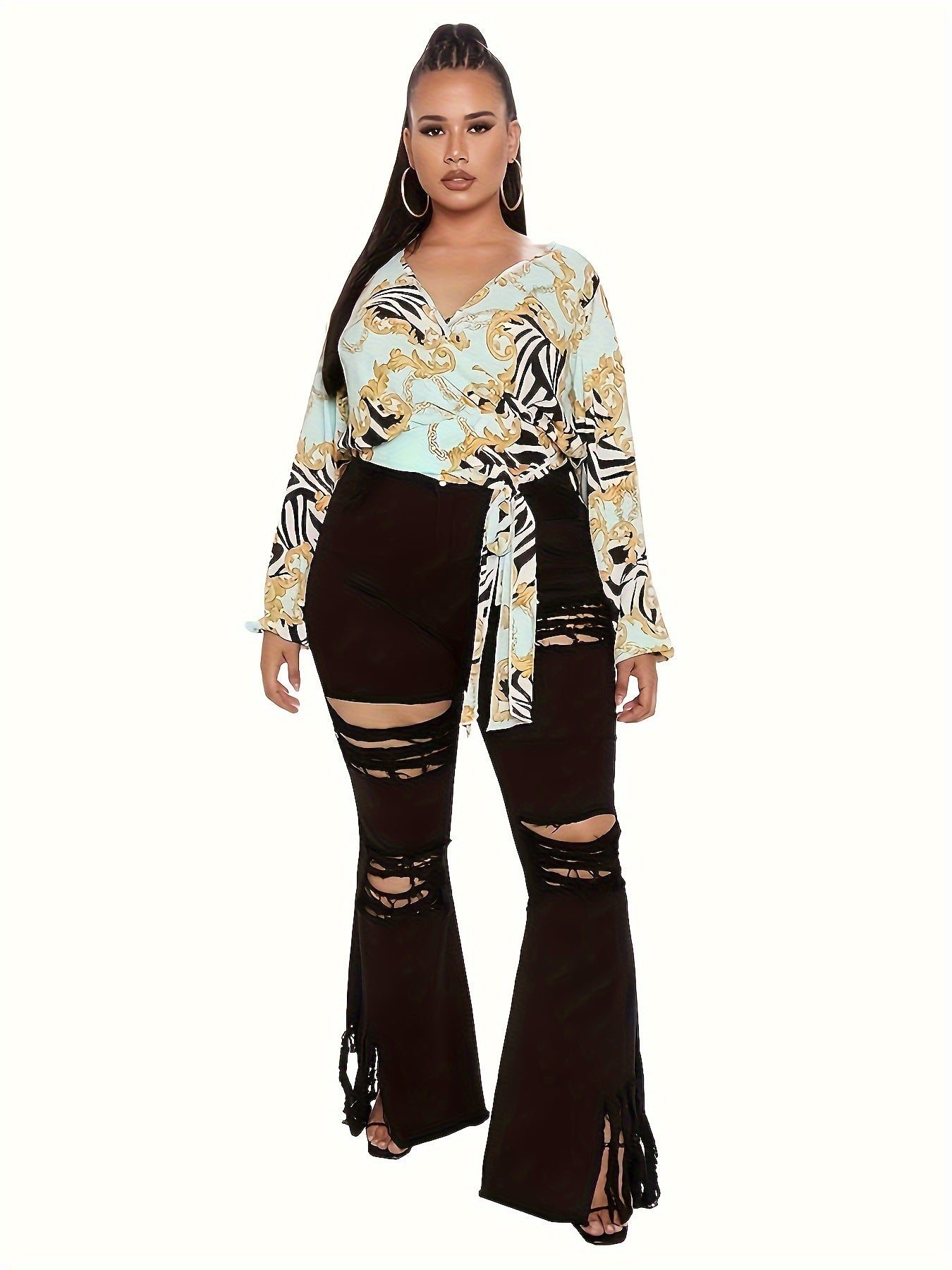 Women's Plus Solid Ripped Button Fly High Rise Flared Leg Jeans
