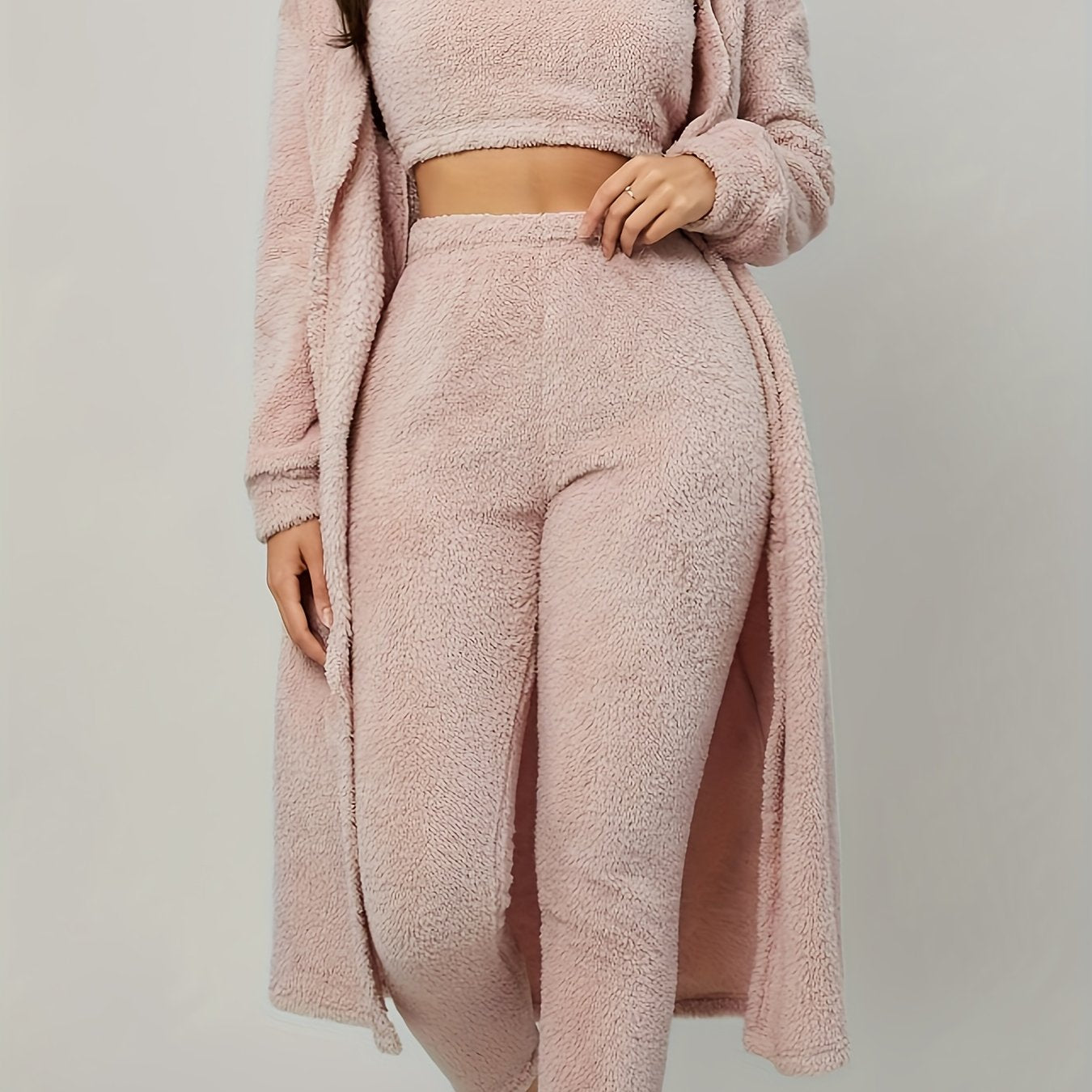  Fuzzy Fleece Tank Top & Pants & Robe Pajama Set