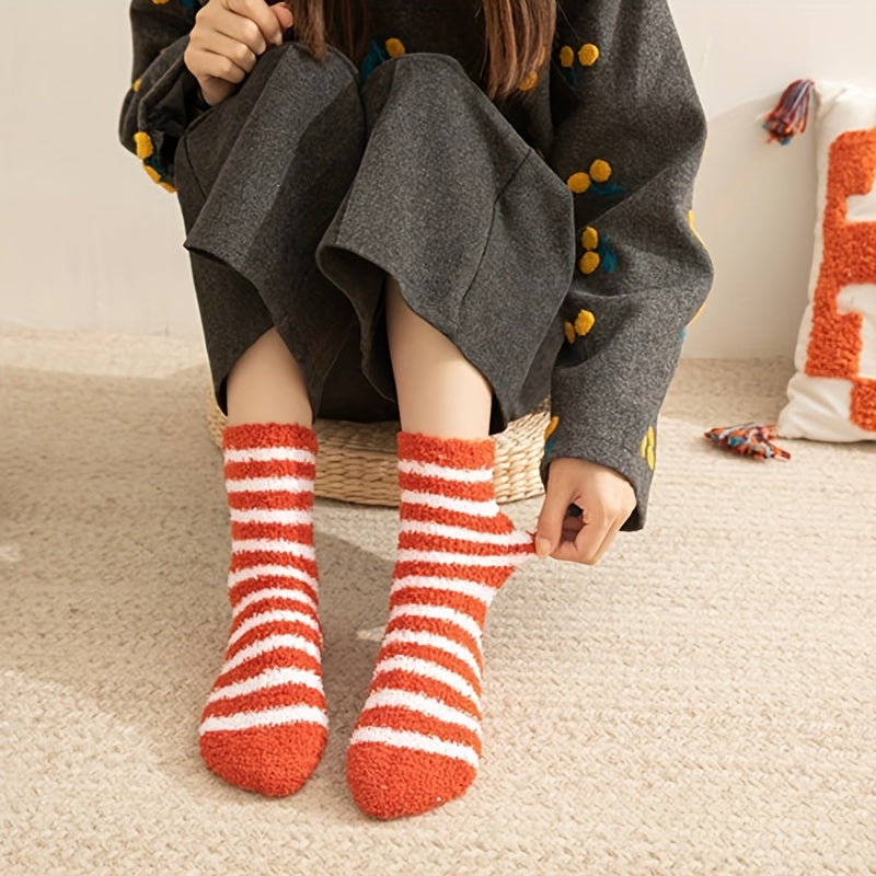 2 Pairs Striped Fuzzy Socks Soft Crew Floor Socks Women's Stockings