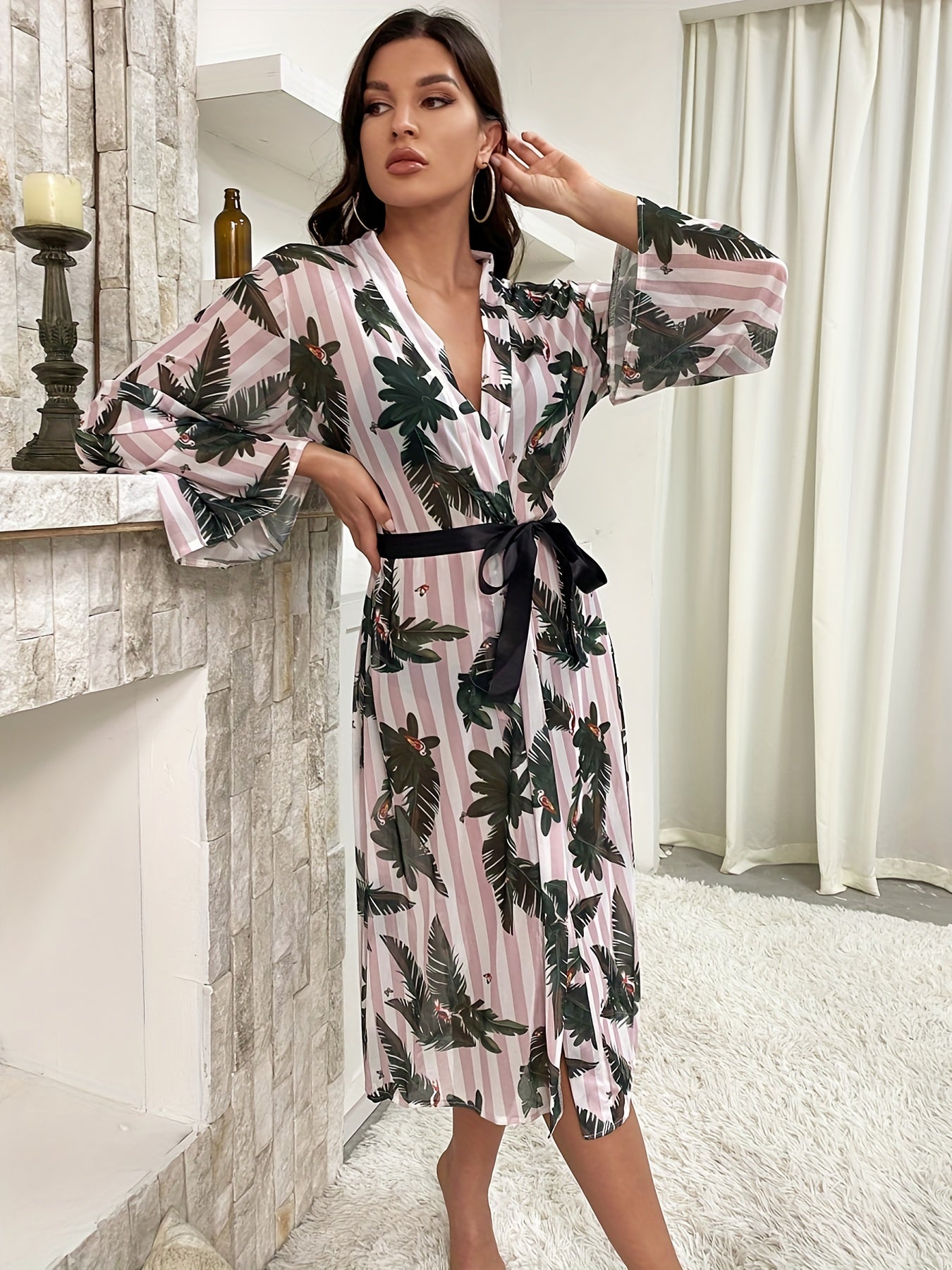 Leaf Print Striped Night Robe Long Sleeve V Neck Robe With Belt