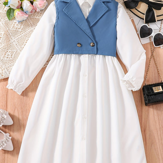 Girl's 2pcs Long Sleeve Dress & Lapel Vest Set for Spring Autumn Summer