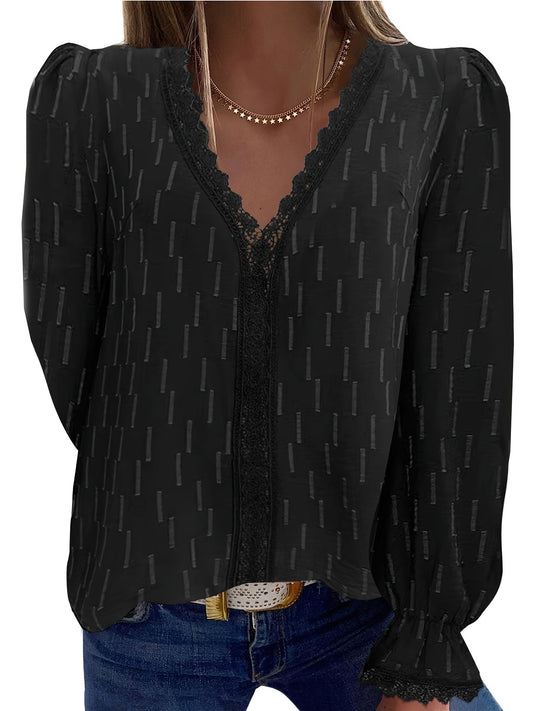 Plus Size Stripe Print Lace Lantern Sleeve V Neck Top