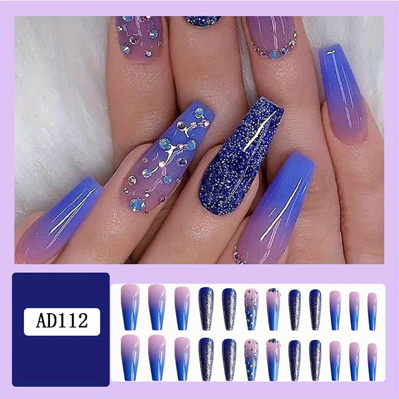 24pcs Ombre Glitter Coffin Nails with Rhinestones Press On