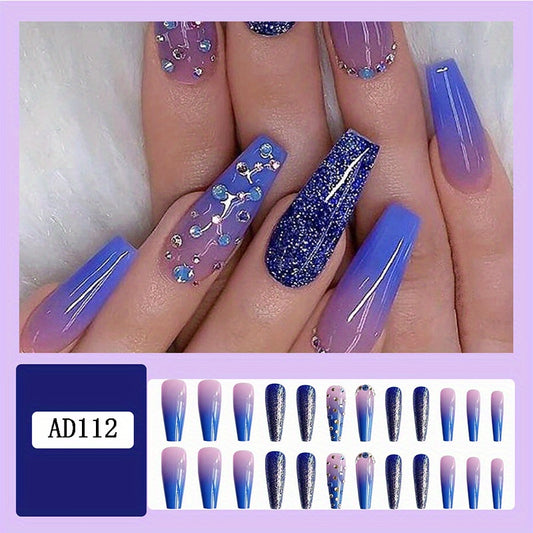 24pcs Ombre Glitter Coffin Nails with Rhinestones Press On