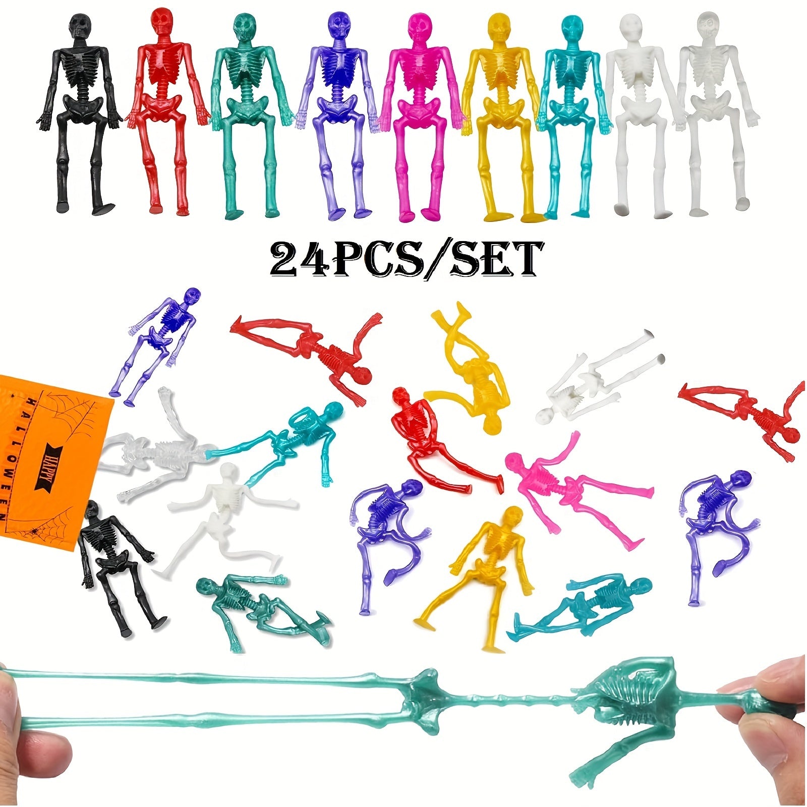 24pcs Halloween Stretchy Skeleton Toys Assorted Squishy Skulls Goody Bag Fillers
